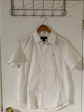 Ralph Lauren White Short-Sleeve Button Down Shirt with Teal Pony